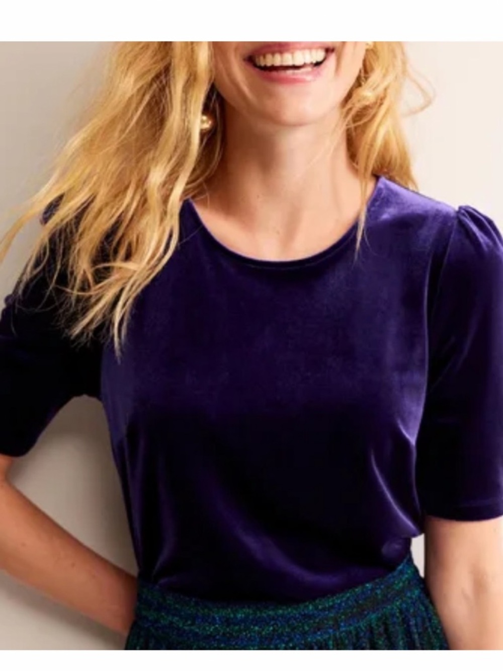 Boden Velvet Puff Shoulder T-Shirt Top Blouse in Sapphire Blue